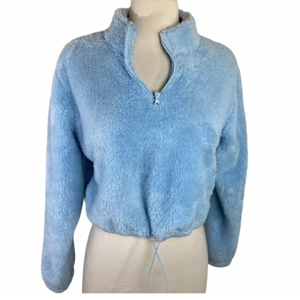 Forever 21 Pullover Sz S Light Blue Faux Fur Cropped Quarter Zip Mock Neck Teddy